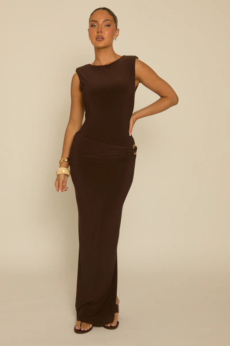 Chocolate Gold Trim Detail Sleeveless Maxi Dress UK | Elegant Evening Dress | Free UK Delivery | U141