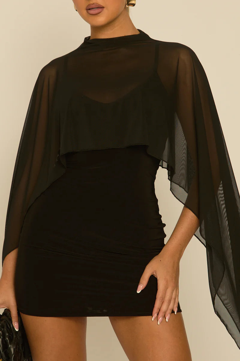 Black & Cream Cape Detail Mini Dress UK | Elegant Party Dress | Free UK Delivery | U128
