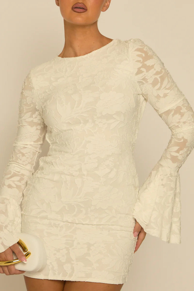 White Burnout Floral Flare Sleeve Mini Dress UK | Elegant Summer Dress | Free UK Delivery | U147