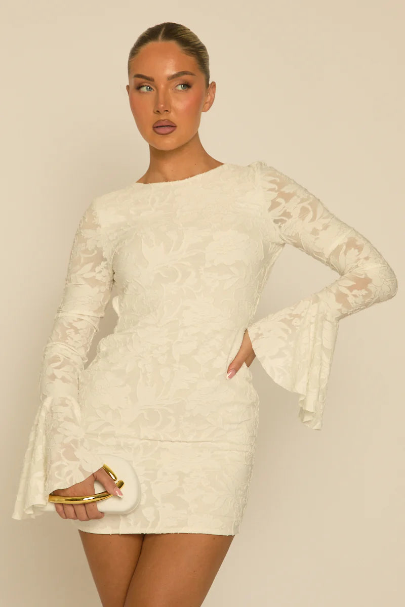 White Burnout Floral Flare Sleeve Mini Dress UK | Elegant Summer Dress | Free UK Delivery | U147