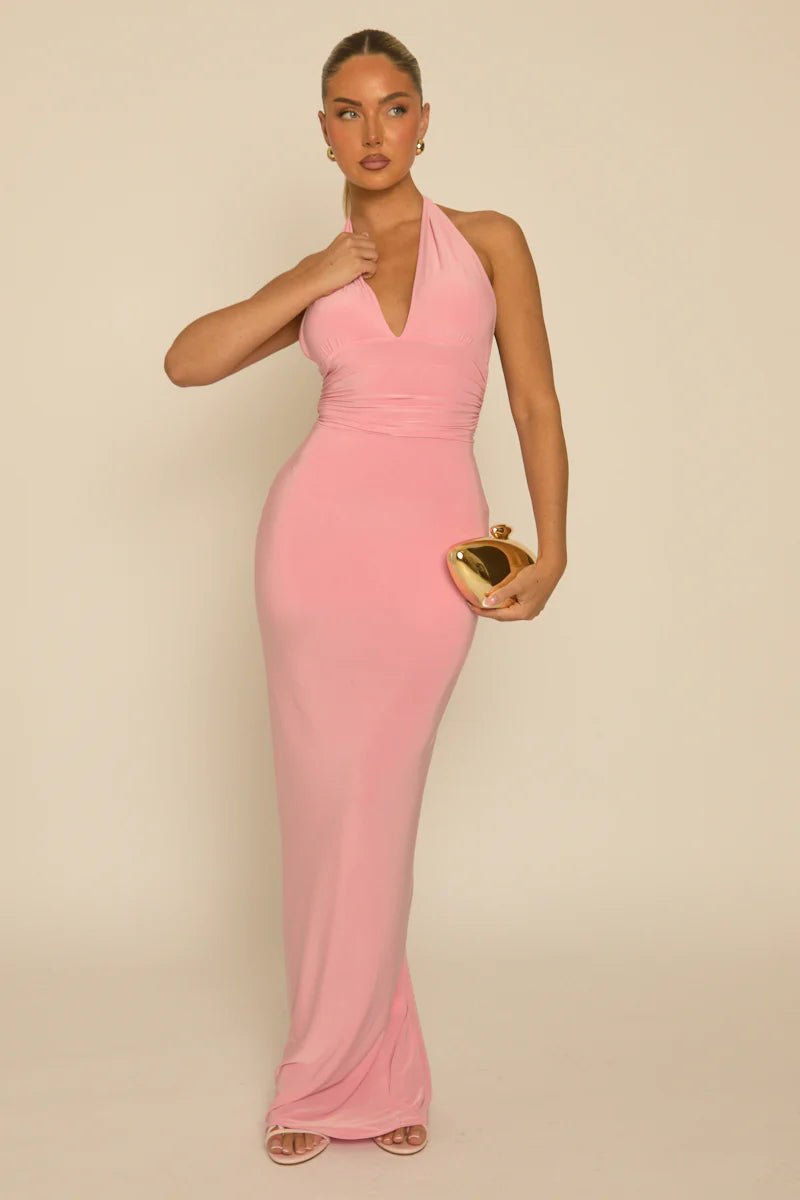 Pink Halterneck Tie Back Maxi Dress UK | Elegant Summer Dress | Free UK Delivery | U133