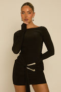 Black Drape Trim Detail Long Sleeve Mini Dress UK | Elegant Party Dress | Free UK Delivery | U209