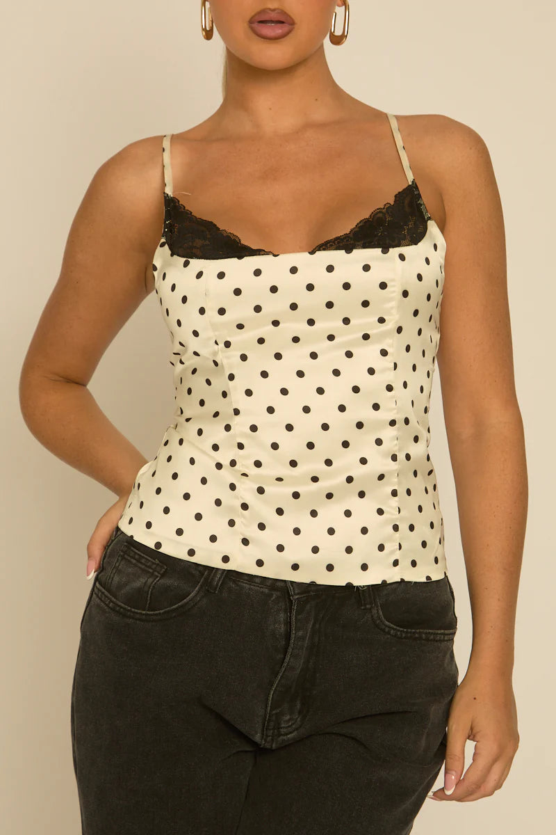 White Satin Polka Dot Lace Trim Cami Top UK | Elegant Summer Top | Free UK Delivery