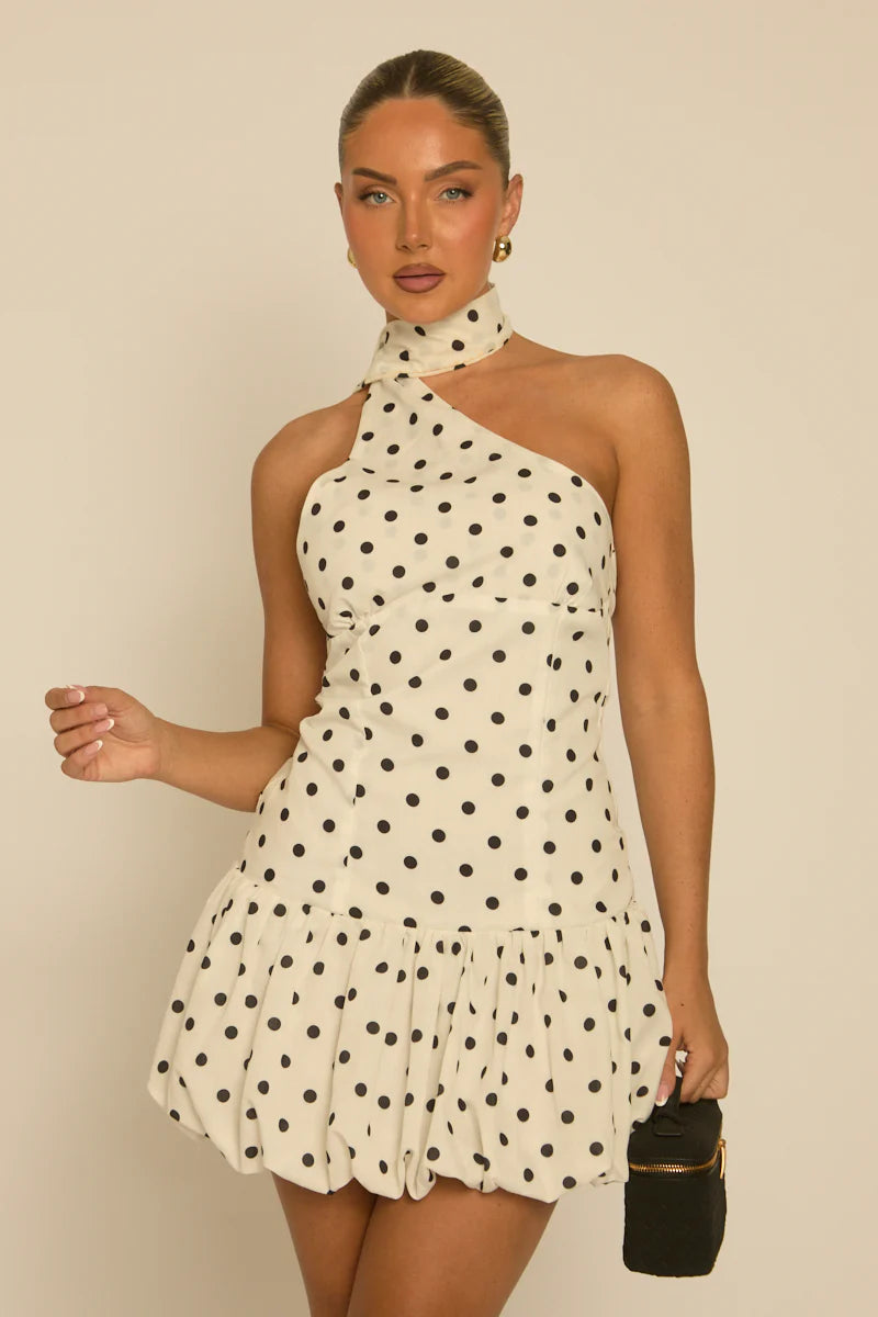 White Polka Dot Scarf Mini Dress