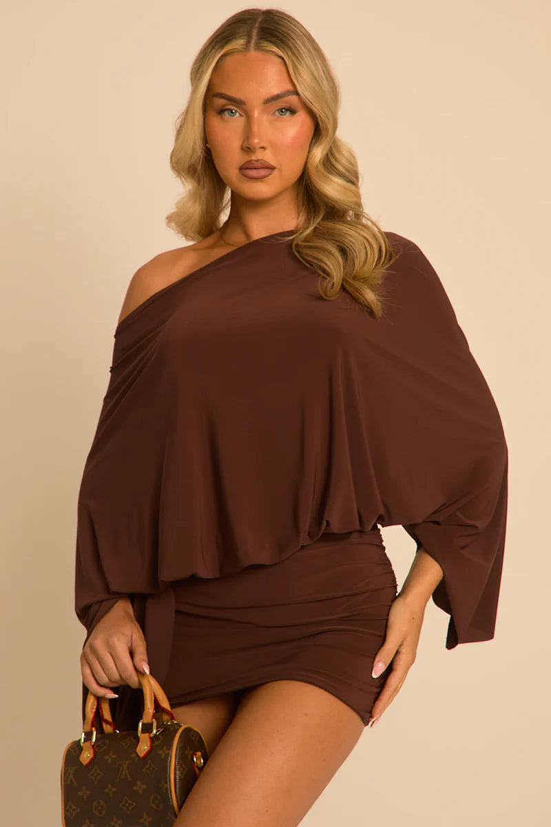 Chocolate Asymmetric Batwing Mini Dress UK | Elegant Party Dress | Free UK Delivery | U152