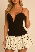 Black Plunge Polka Dot Puffball Mini Dress UK | Trendy Party Dress | Free UK Delivery | U120