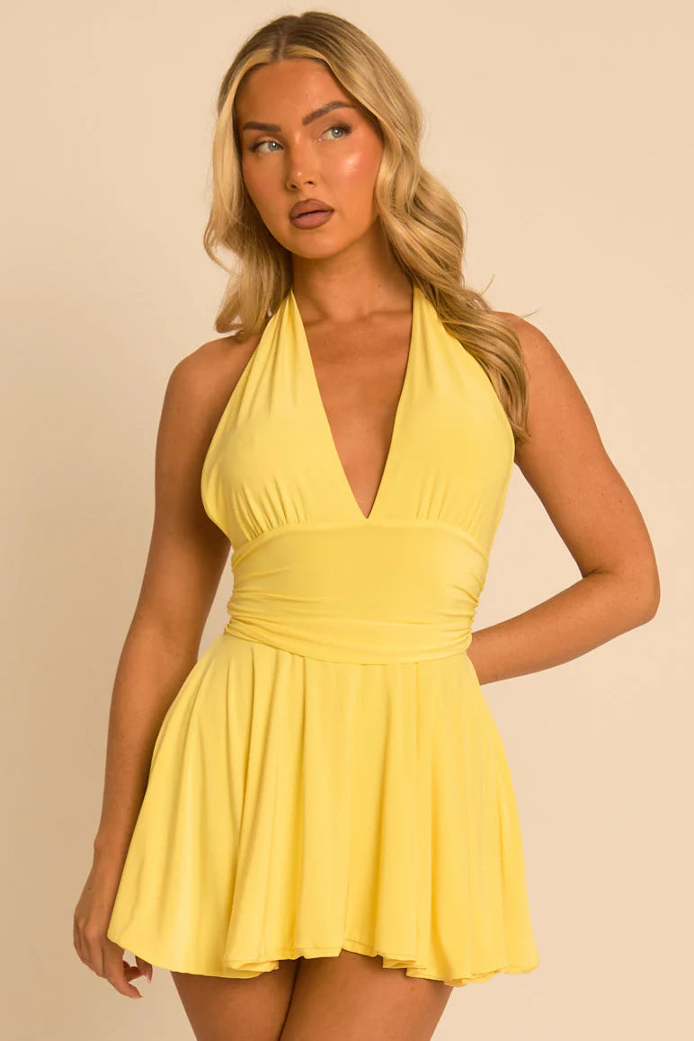 Yellow Halter Plunge Neck Mini Dress UK | Trendy Summer Party Dress | Free UK Delivery | U109