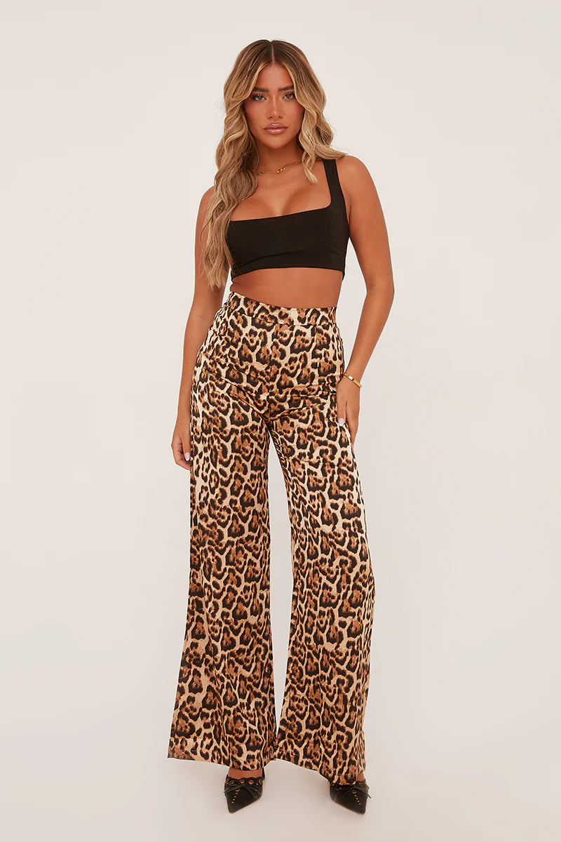 Brown Satin Leopard Print Wide Leg Trousers UK | Trendy Statement Pants | Free UK Delivery | U219