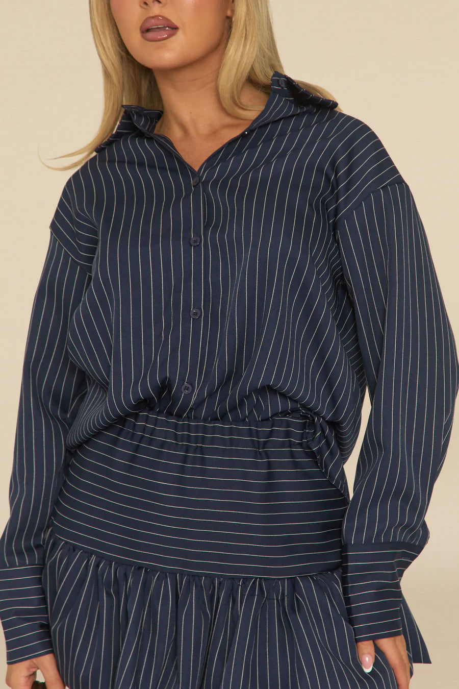 Navy Pinstripe Shirt and Puffball Skirt Co-ord Set UK | Trendy Smart Co-ord | Free UK Delivery | U166