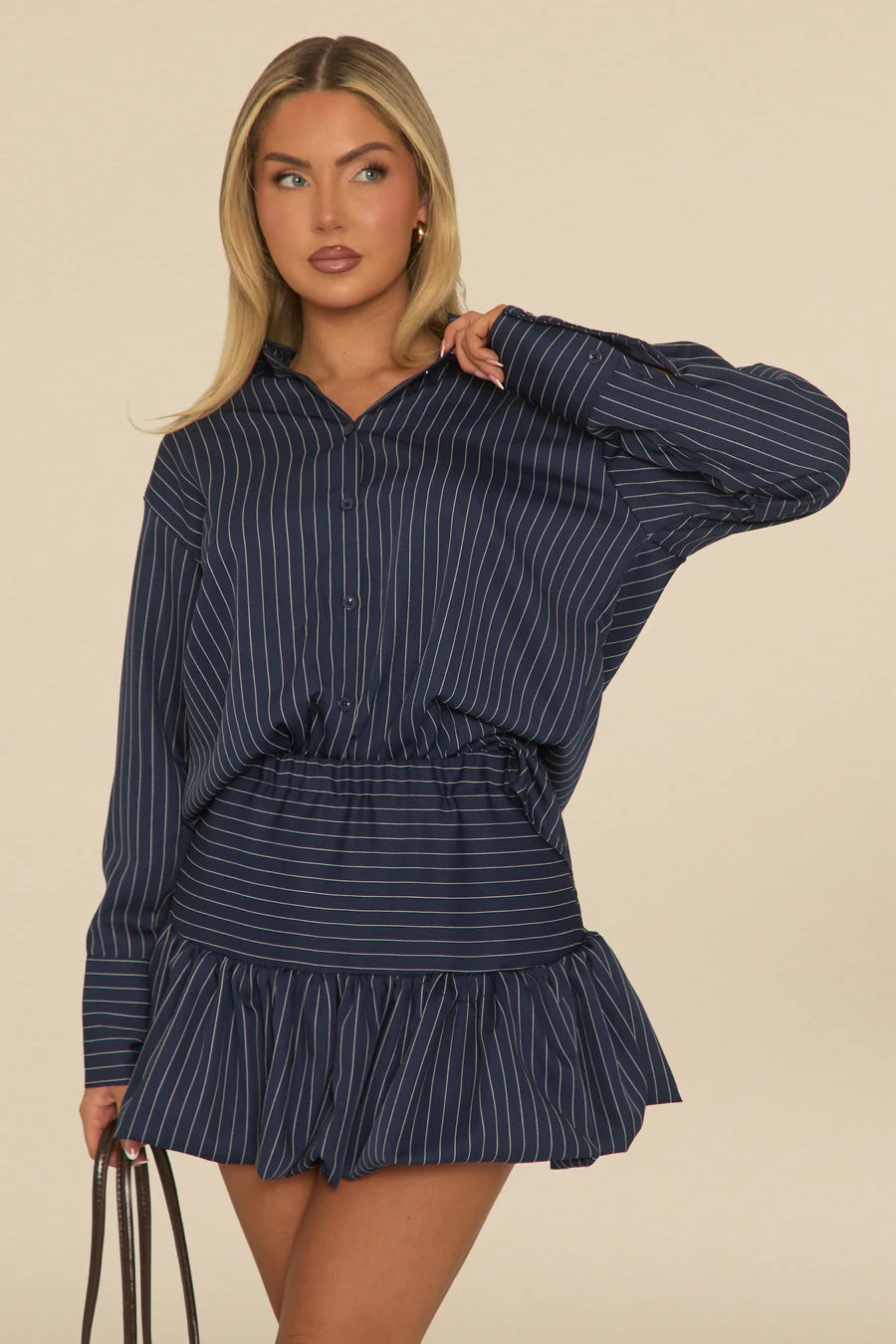 Navy Pinstripe Shirt and Puffball Skirt Co-ord Set UK | Trendy Smart Co-ord | Free UK Delivery | U166