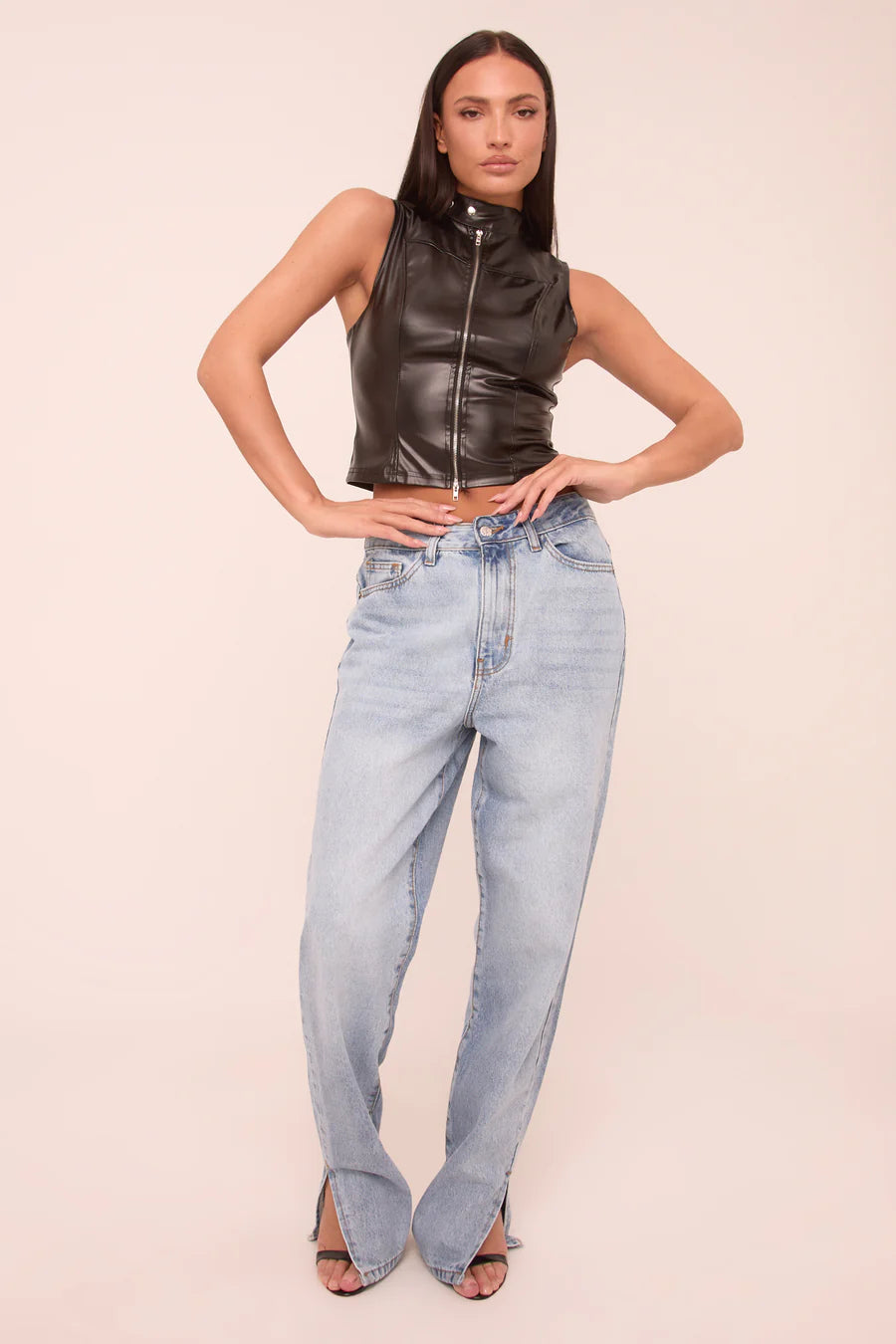 Mid Wash Straight Leg Side Split Hem Jeans UK | Trendy Denim Trousers | Free UK Delivery | U188