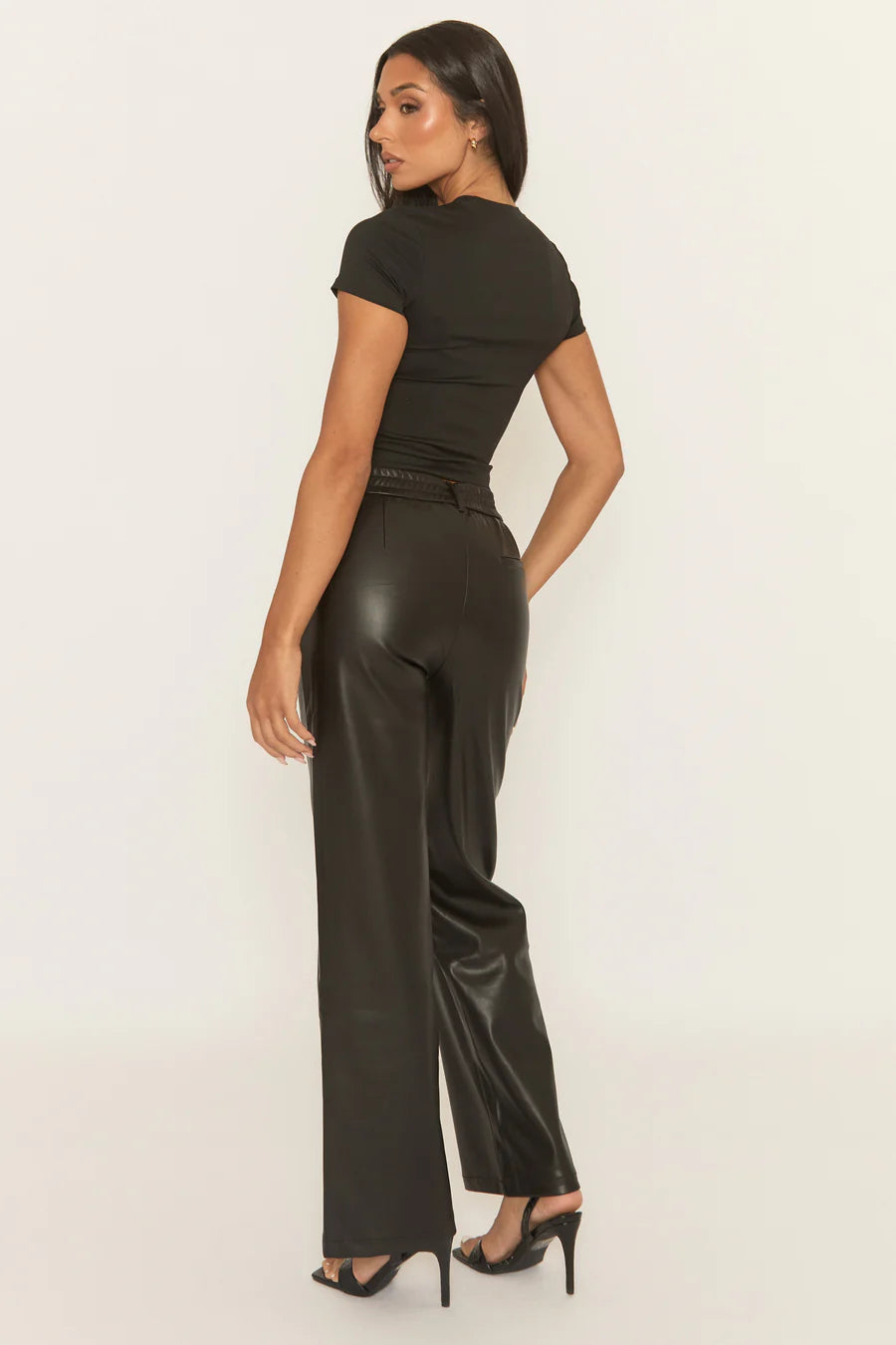Black PU Straight Leg Trousers UK | Faux Leather Trendy Pants | Free UK Delivery | U217