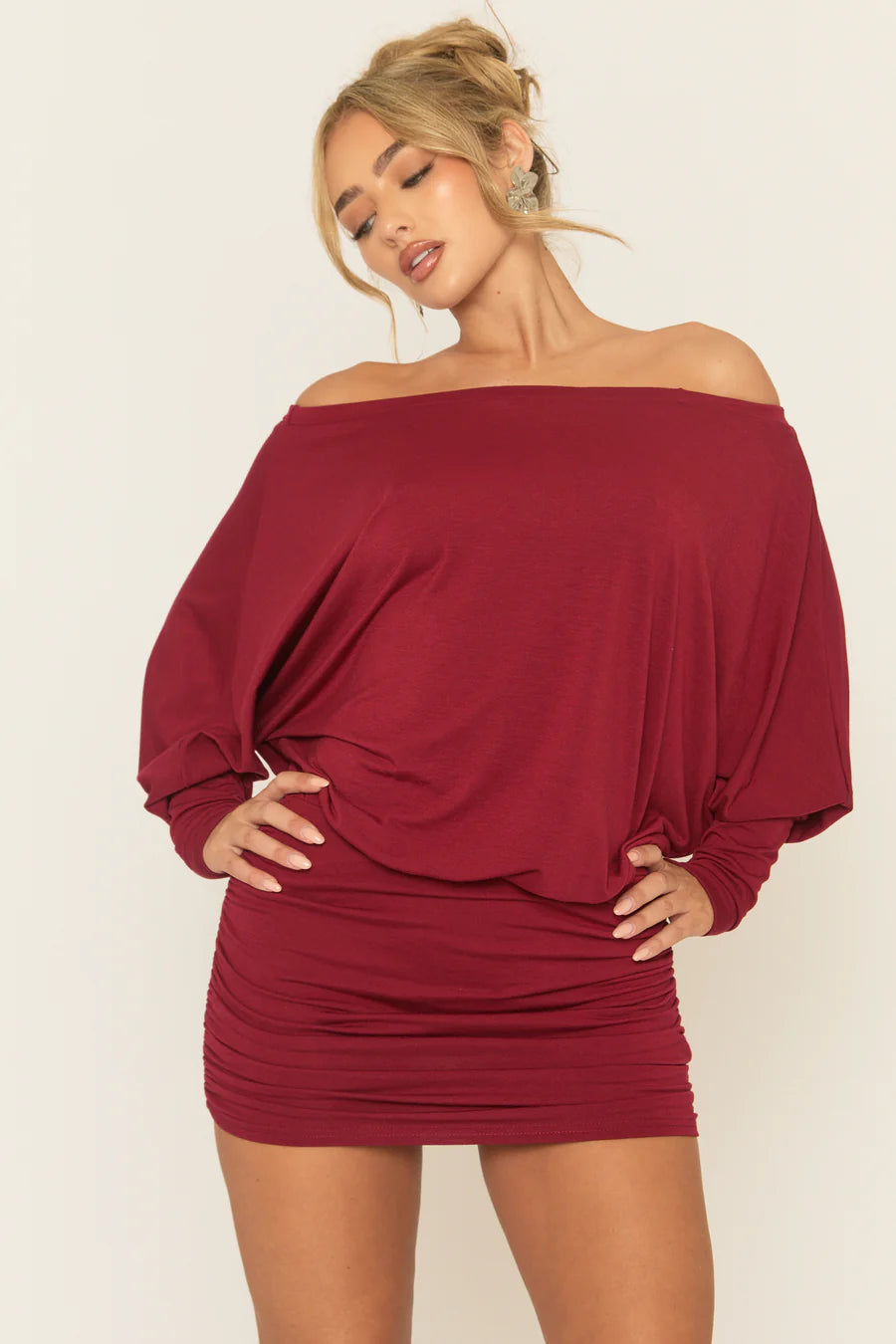 Wine Batwing Bardot Mini Dress UK | Off Shoulder Party Dress | Free UK Delivery | U171