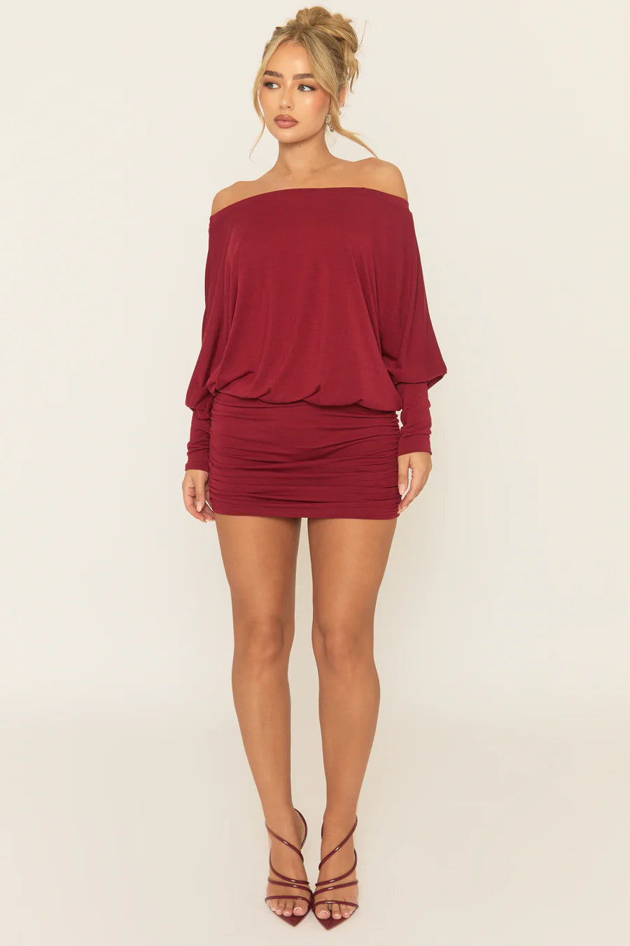 Wine Batwing Bardot Mini Dress UK | Off Shoulder Party Dress | Free UK Delivery | U171