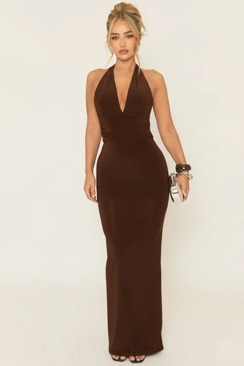 Pink Halterneck Tie Back Maxi Dress UK | Elegant Summer Dress | Free UK Delivery | U133