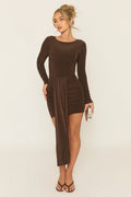 Chocolate Long Sleeve Drape Front Mini Dress UK | Elegant Party Dress | Free UK Delivery | U208