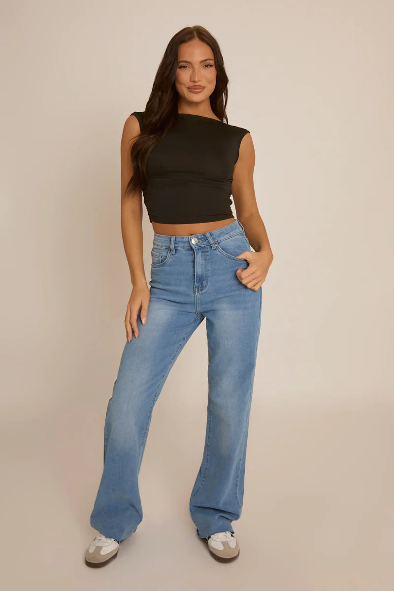 Blue Stretch Straight Leg Frayed Hem Jeans UK | Trendy Casual Denim | Free UK Delivery | U204