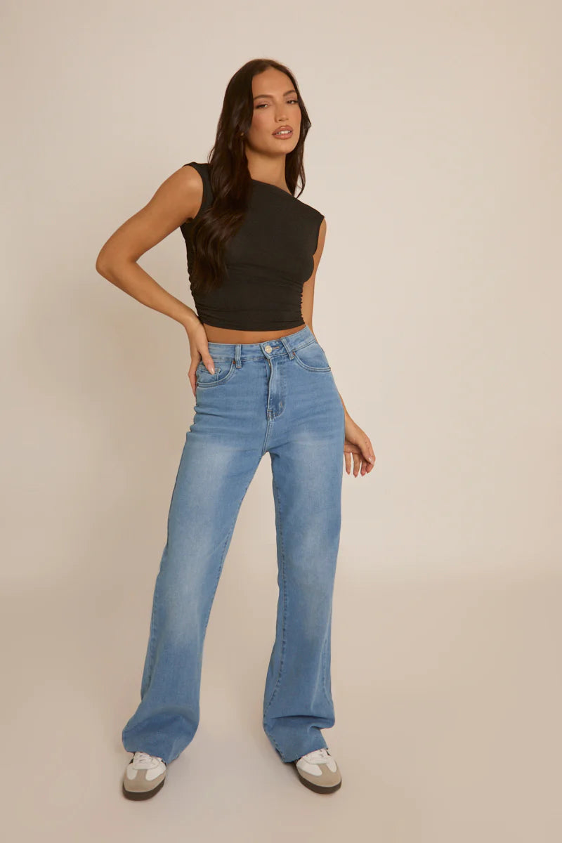Blue Stretch Straight Leg Frayed Hem Jeans UK | Trendy Casual Denim | Free UK Delivery | U204