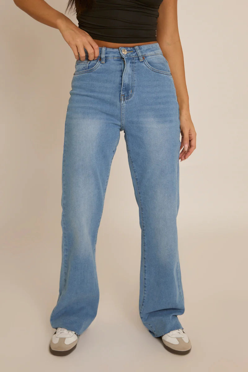 Blue Stretch Straight Leg Frayed Hem Jeans UK | Trendy Casual Denim | Free UK Delivery | U204